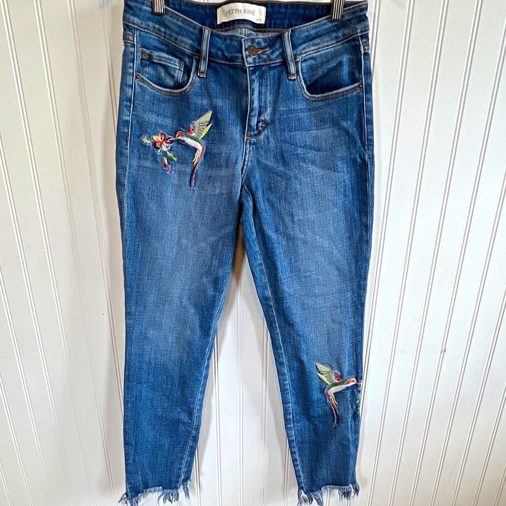 Hidden Jeans embroidered bird skinny jeans blue medium wash slim fit mid-rise 27